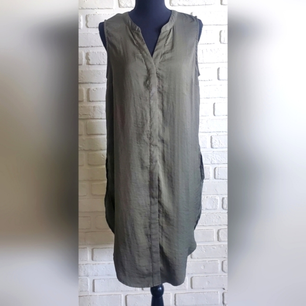 Haver London Sleeveless Shirt Dress Tunic Button Up Silky Olive Green Size Small